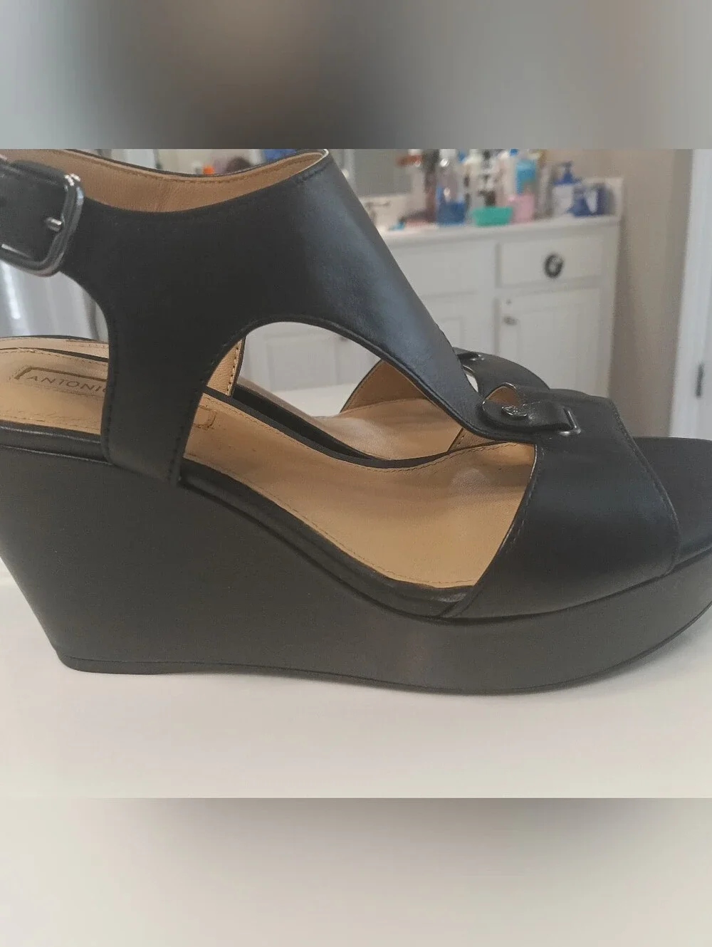 Antonio Melani Black Leather Platform Wedge Sandals Size 6.5 Ankle Strap